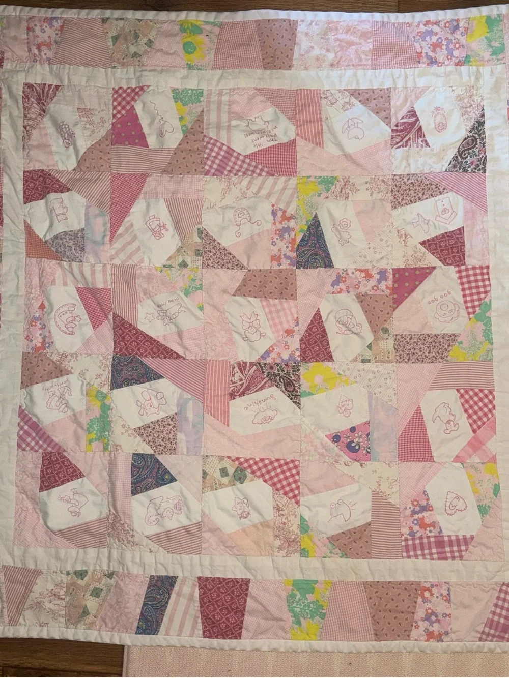 Handmade Pink Patchwork Quilt - Soft Floral & Embroidered Design